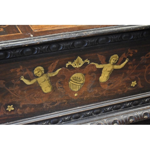 1478 - A 19th century carved ebonized and marquetry box seat settle, the back decorated with a scene depict... 