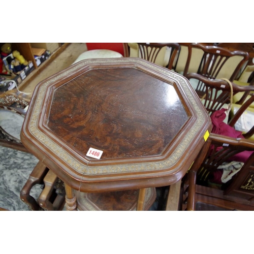 1486 - A late 19th century walnut, fruitwood and parcel gilt octagonal table, with conforming under tier, 5... 