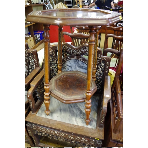 1486 - A late 19th century walnut, fruitwood and parcel gilt octagonal table, with conforming under tier, 5... 