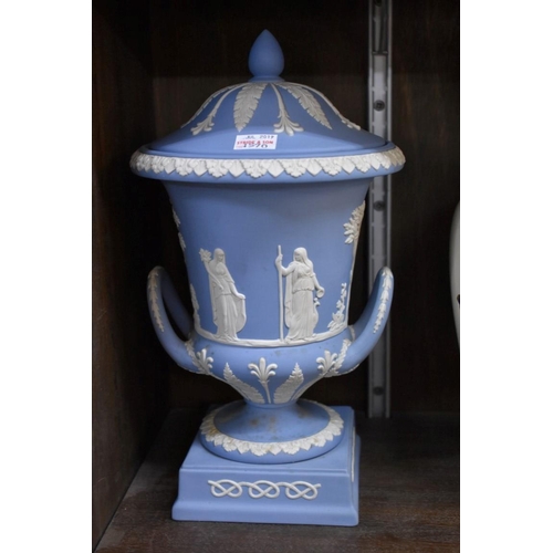 1570 - A Wedgwood pale blue jasperware twin handled urn and cover, 30cm high; together with a Masons Mandal... 