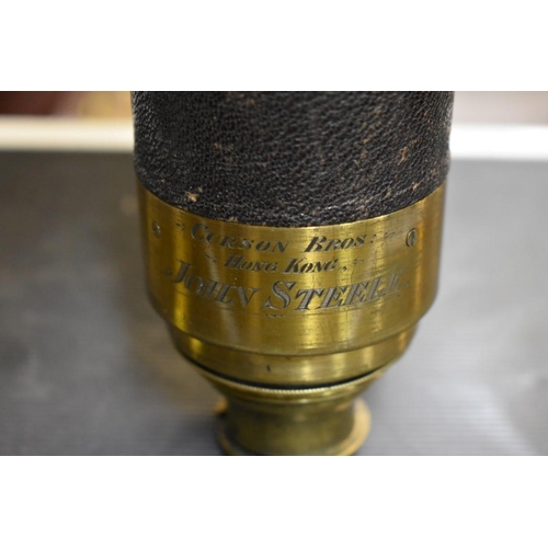 1593 - An antique lacquered brass and leather two drawer telescope, inscribed 'Curson Bros: Hong Kong, John... 