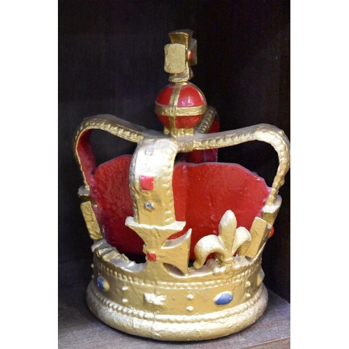 1600 - Three polychrome painted crown form flag pole finials, largest 29cm diameter.