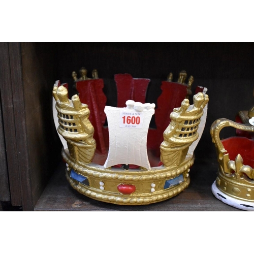 1600 - Three polychrome painted crown form flag pole finials, largest 29cm diameter.