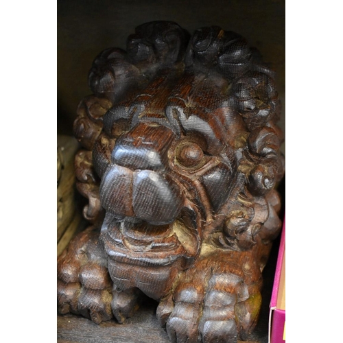 1605 - Two antique carved oak lion mask corbels, one possibly 17th century.