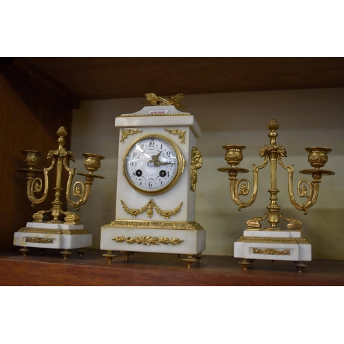 1628 - A late 19th century marble and gilt brass clock garniture, the clock 28.5cm high.... 