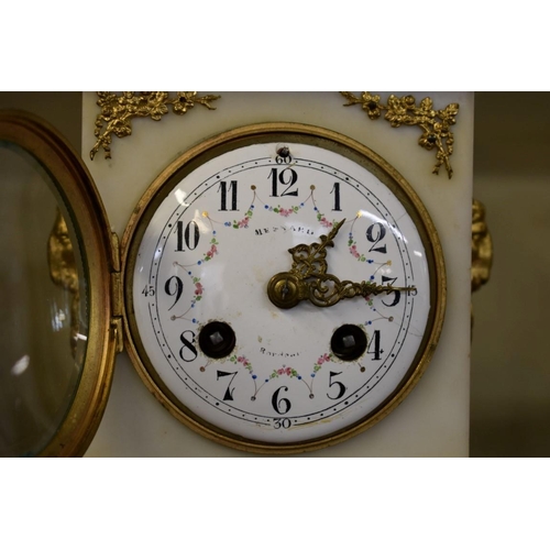 1628 - A late 19th century marble and gilt brass clock garniture, the clock 28.5cm high.... 