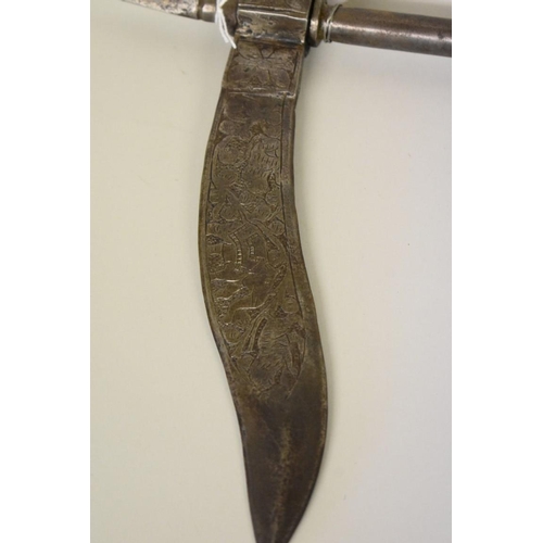 1686 - An Indian Zaghnal battle axe, the blade having decoration of elephants, animals, leaves and fol... 