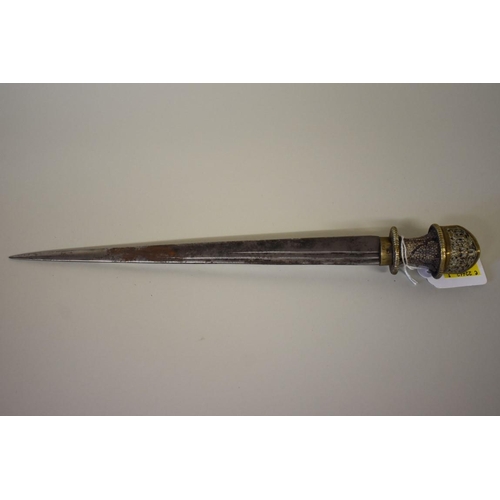 1690 - A Tibetan dagger, having 27cm fullered steel blade with brass mounted shagreen hilt and brass mounte... 