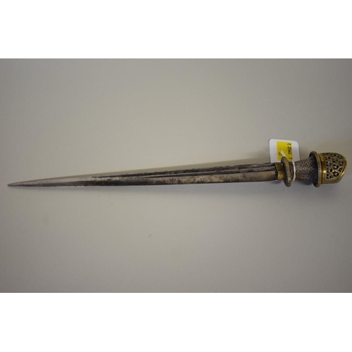 1690 - A Tibetan dagger, having 27cm fullered steel blade with brass mounted shagreen hilt and brass mounte... 