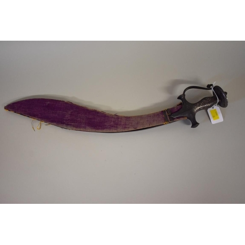 1706 - A North Indian short Tulwar sword, with a Khukuri Notch, having 40cm gilt decorated blade, and scabb... 