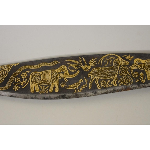 1706 - A North Indian short Tulwar sword, with a Khukuri Notch, having 40cm gilt decorated blade, and scabb... 