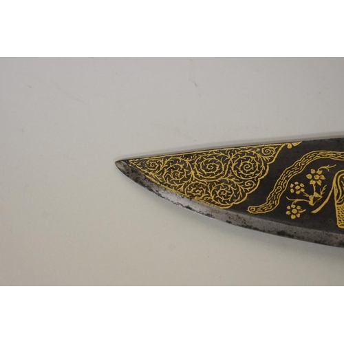 1706 - A North Indian short Tulwar sword, with a Khukuri Notch, having 40cm gilt decorated blade, and scabb... 