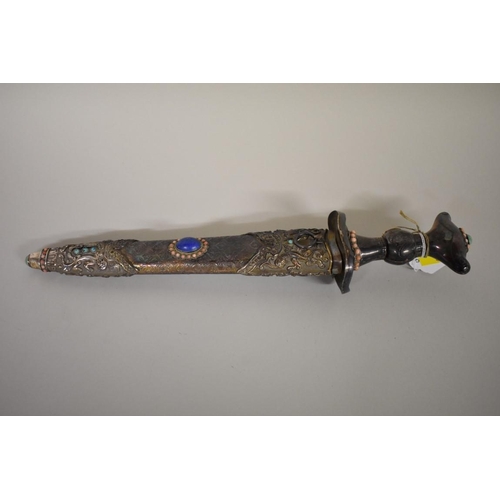 1715 - A Chinese dagger, having 20cm blade, with ornate gem set handle and sheath.