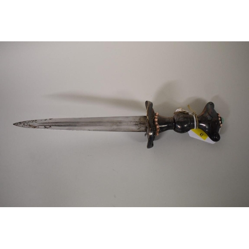 1715 - A Chinese dagger, having 20cm blade, with ornate gem set handle and sheath.