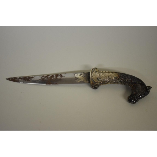 1717 - An Indian dagger, having 17.5cm blade, horse head hilt, with sheath.