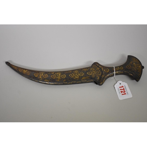 1721 - An Indo-Persian jambiya, having 18cm Damascus blade, with sheath, the whole decorated with gilt scri... 