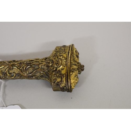 1729 - A rare Spanish Albacete dagger, having pierced 16.5cm blade, with ornate gilt metal handle and scabb... 