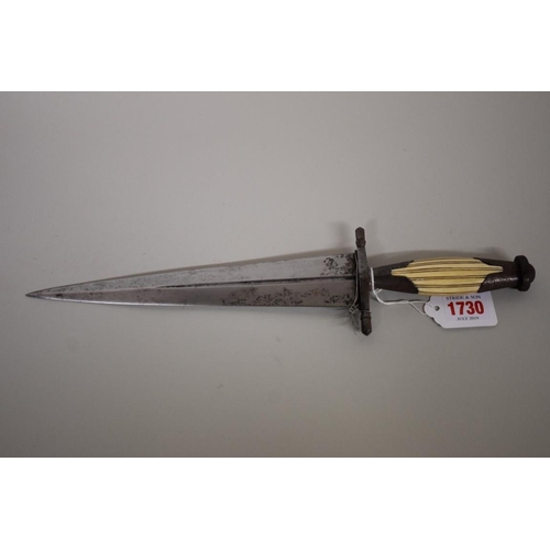 1730 - A Continental 19th century dagger, having 23.5cm double edged blade, with sheath.