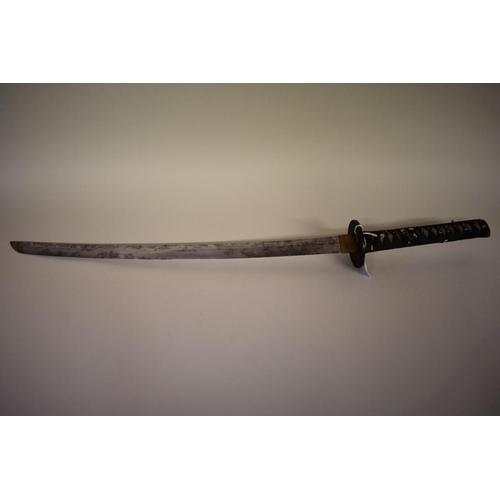 1738 - A Japanese Wakizashi sword, having 54cm blade, signed tang, in lacquer scabbard.