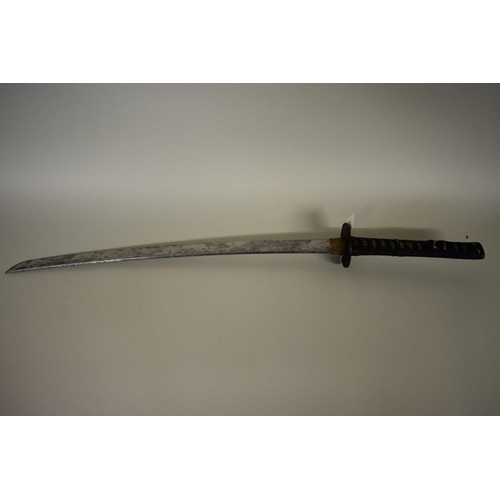 1738 - A Japanese Wakizashi sword, having 54cm blade, signed tang, in lacquer scabbard.