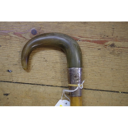 1811 - A horn handled and silver mounted malacca walking stick. 