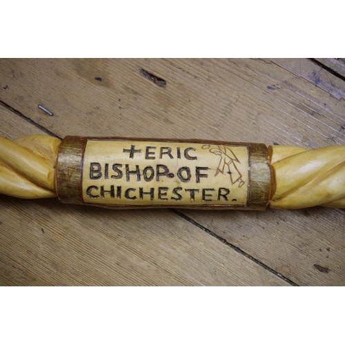 1817 - A carved hazel bishop's staff or crosier, inscribed 'Eric, Bishop of Chichester, from the peopl... 