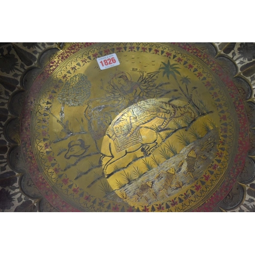 1826 - A large Indian brass and enamel table top, with folding wood base, 75.5cm diameter.