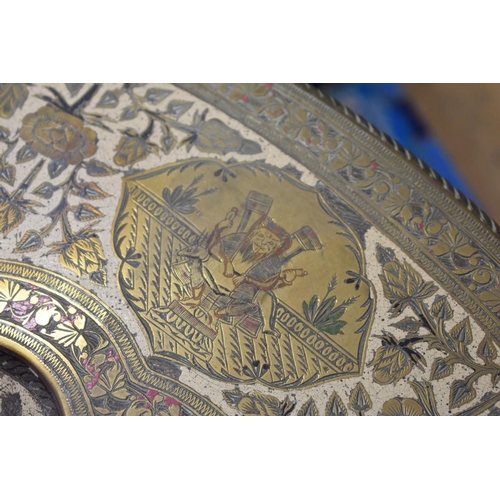 1826 - A large Indian brass and enamel table top, with folding wood base, 75.5cm diameter.