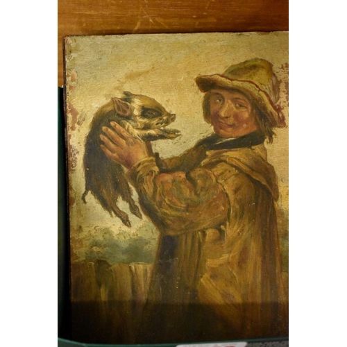 1862 - European School, 18th/19th century, a man with a pig, oil on card laid on board, 17 x 12.5cm, u... 