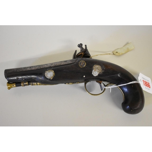 1866 - An 18th century flintlock overcoat pistol, 22cms, the stock inscribed 'Haugh'.