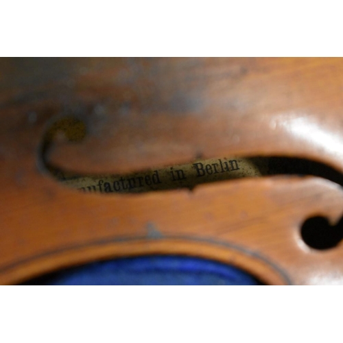 1874 - An old German violin, with 14in two piece back, stamped 'Berlin', in ebonized wood case. ... 