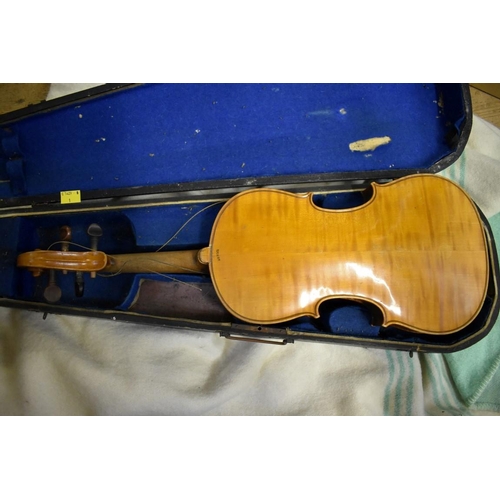 1874 - An old German violin, with 14in two piece back, stamped 'Berlin', in ebonized wood case. ... 