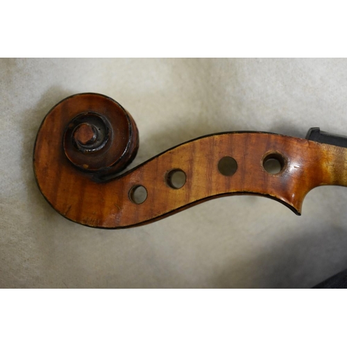 1876 - An antique Continental violin, with 14in two piece back, with two bows and case; together with anoth... 