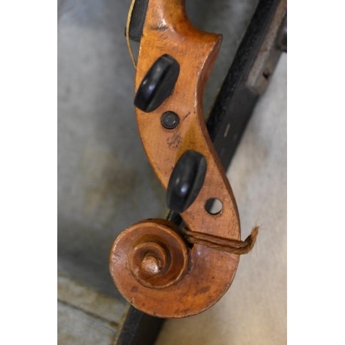 1877 - An antique Continental violin, with 14in two piece back, with bow and case.