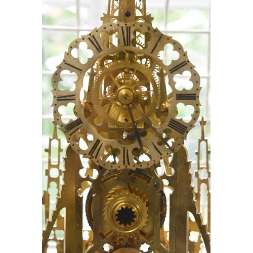 1906 - A Victorian brass Scott's Monument skeleton clock, with single chain fusee, on marble base, 46.5cm h... 