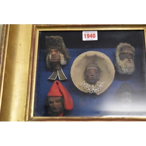 1940 - A 19th century framed display of five papier-mache traditional French characters, each titled v... 