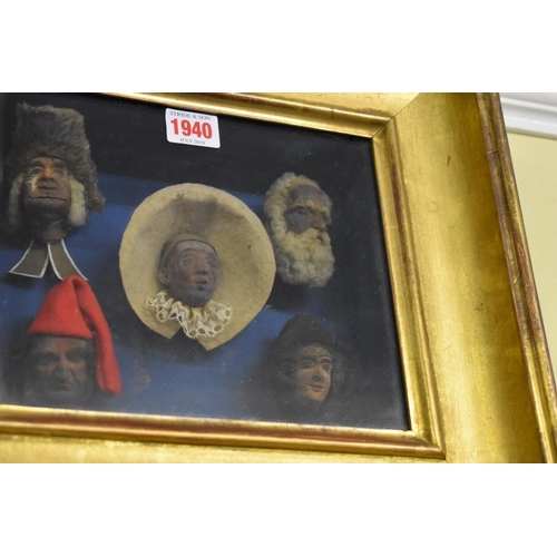 1940 - A 19th century framed display of five papier-mache traditional French characters, each titled v... 