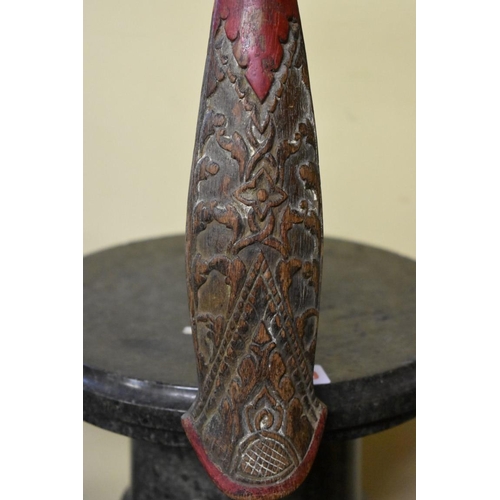 1962 - A Malaysian tribal short spear, with carved and painted wood scabbard, length including scabbard 148... 