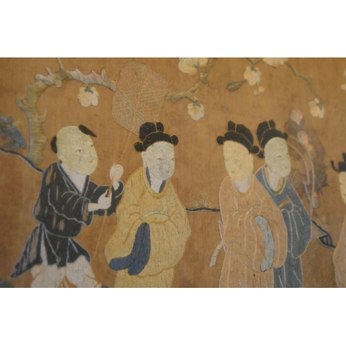 1992 - A Chinese silk embroidered panel, Qing Dynasty, decorated with figures in a landscape, 105 x 109cm.... 