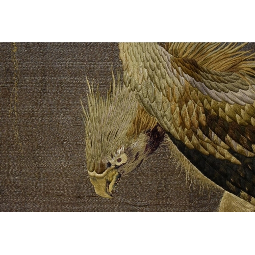 2008 - *WITHDRAWN FROM SALE* A large Japanese silk embroidered panel of a hawk in a landscape, the whole 20... 