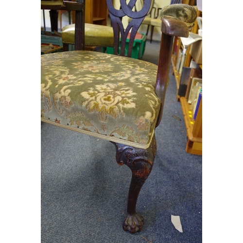 1371 - An 18th century Irish red walnut elbow chair, on cabriole legs with hairy paw feet to the front.... 