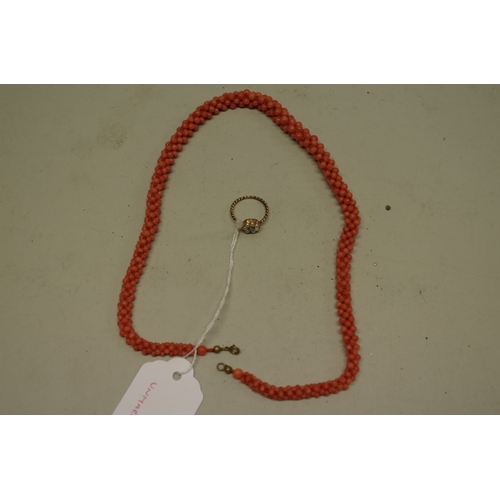 171 - A coral bead necklace, 44cm; together with a yellow metal ring set turquoise and split pearls with h... 