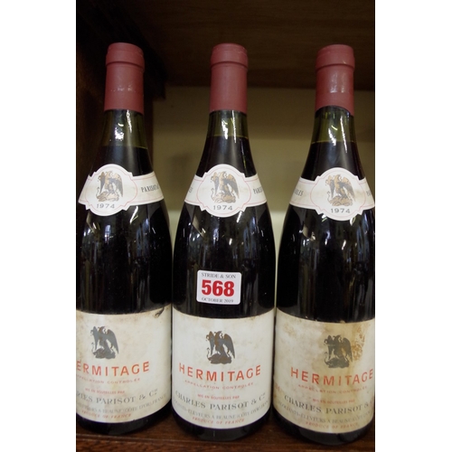 568 - Three 75cl bottles of Hermitage 1974, Parisot. (3)