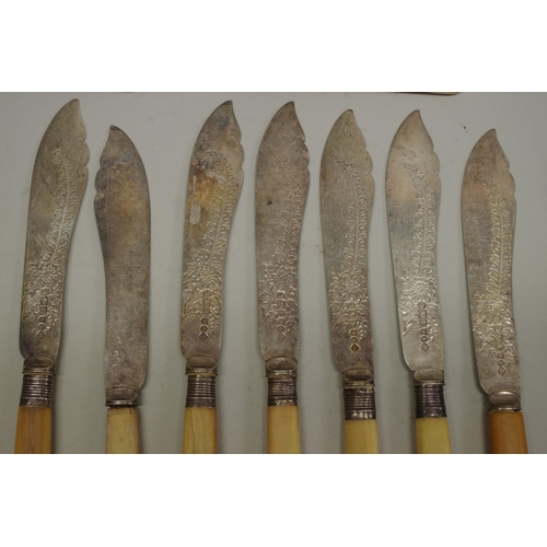 62 - A part set of Edwardian silver bladed fish knives and forks, by R F Mosley & Co, Sheffield 1902/... 