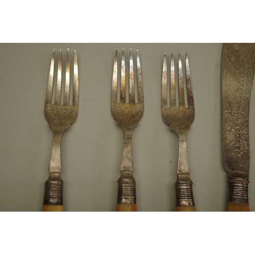 62 - A part set of Edwardian silver bladed fish knives and forks, by R F Mosley & Co, Sheffield 1902/... 