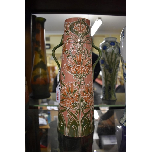 1500 - A Macintyre Florian Ware twin handled 'Cornflower' pattern vase, painted and printed marks, 27.5cm h... 