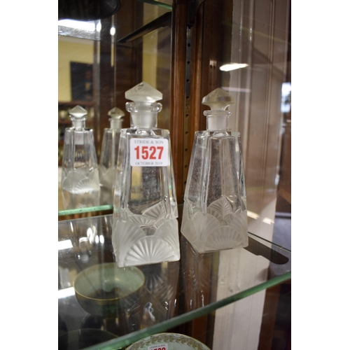 1527 - A pair of Art Deco clear and frosted glass scent bottles and stoppers, 25cm high.... 