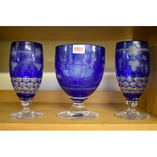 1599 - A 19th century oversized blue flashed and cut glass goblet, decorated with the London to Bath coach,... 