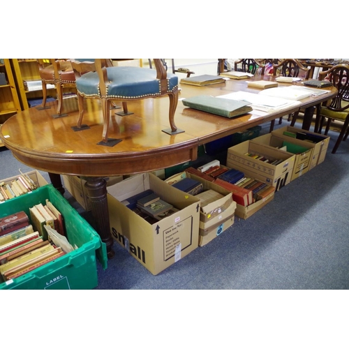 1377 - A late Victorian mahogany extending dining table, labelled 'Edwards & Roberts', with three ... 