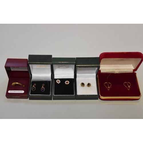 198 - Three pairs of 9ct gold earstuds; together with another pair stamped 18ct; and an unmarked pair.(5)... 